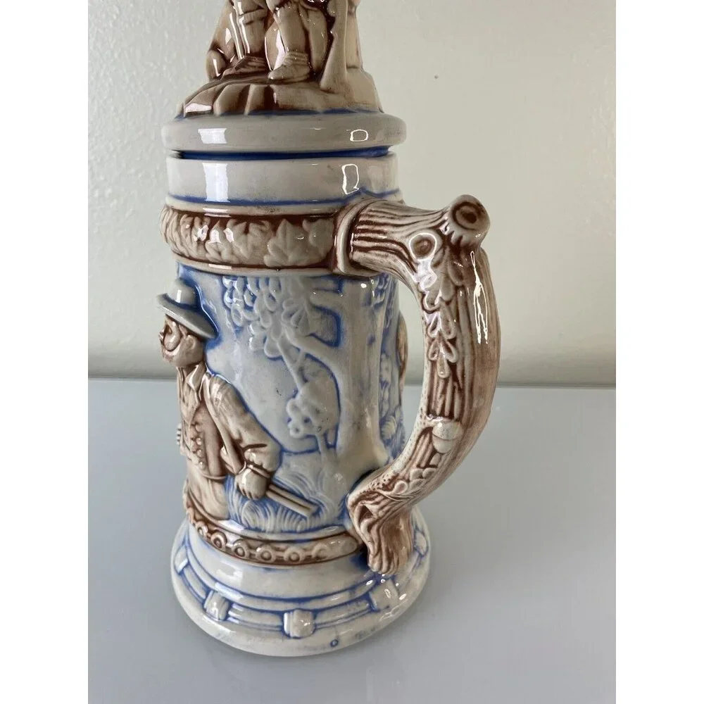 Vintage Hand Painted Ceramic German Deer Stein W/ Man & Dog Lid Brown Blue 12.5”